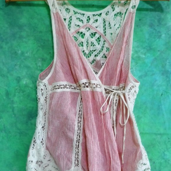 Free People Vintage Boho NEW Lace Red Ivory Stripe - Picture 5 of 6